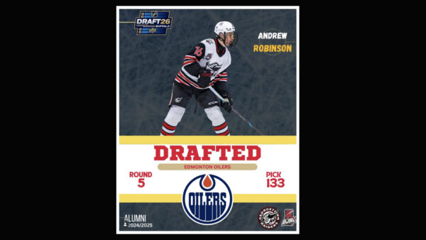 OJHL alumni Andrew Robinson selected in the 5th round of the 2026 NHL draft to the Edmonton Oilers.