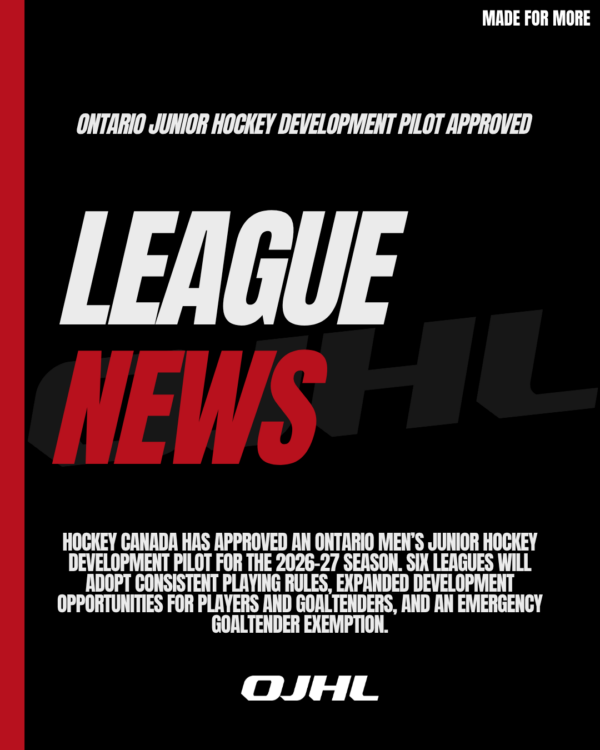 ONTARIO MEN’S JUNIOR HOCKEY DEVELOPMENT PILOT APPROVED FOR 2026-27 SEASON
