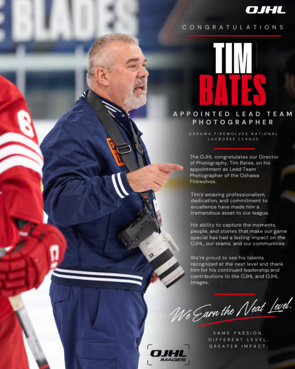 OJHL DIRECTOR OF PHOTOGRAPHY TIM BATES NAMED TEAM PHOTOGRAPHER OF THE OSHAWA FIREWOLVES